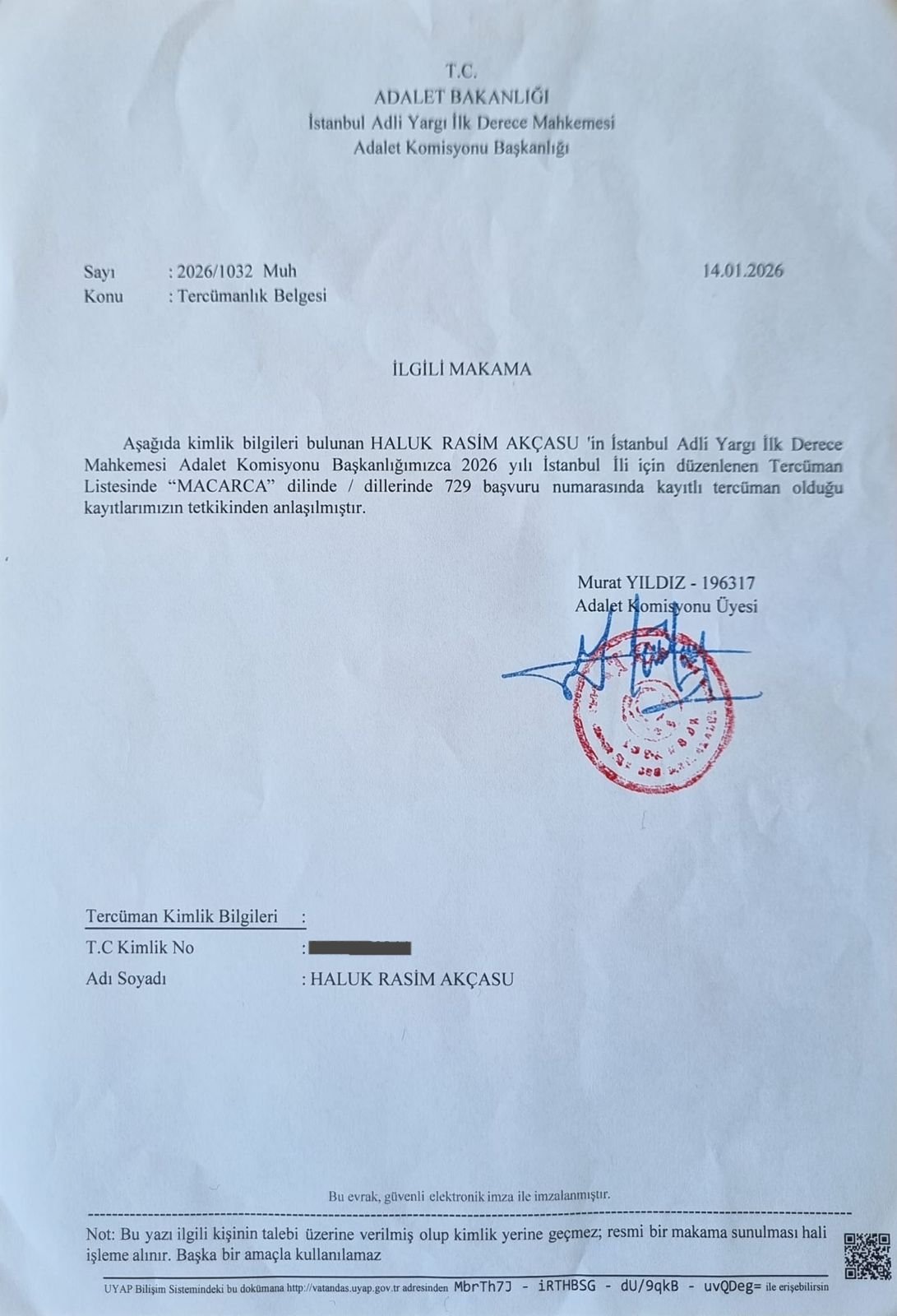 2026 yılı tercümanlık belgesi / 2026. évi tolmácsnyilvántartási igazolás