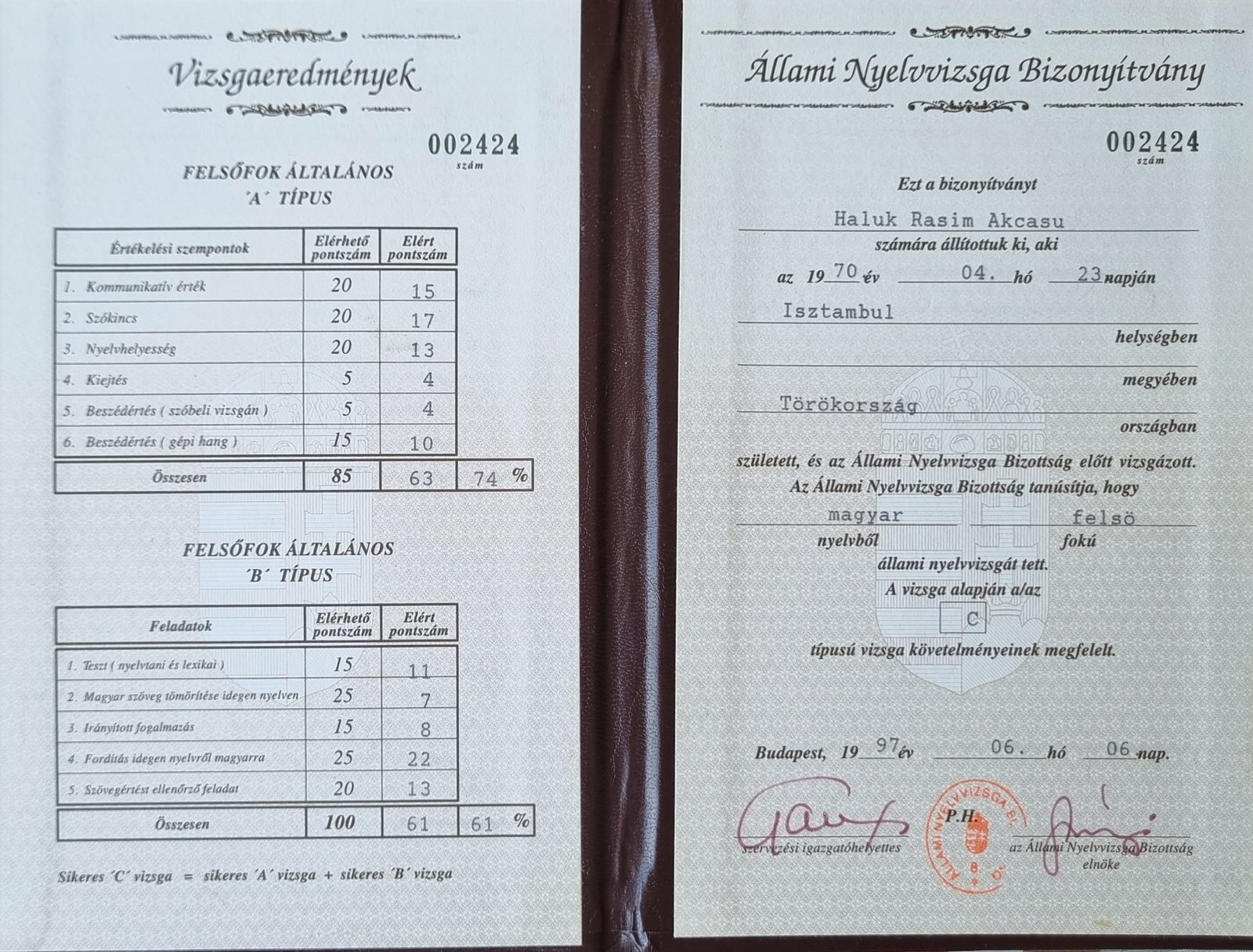 Macarca devlet dil sınavı sertifikası / Magyar állami nyelvvizsga-bizonyítvány