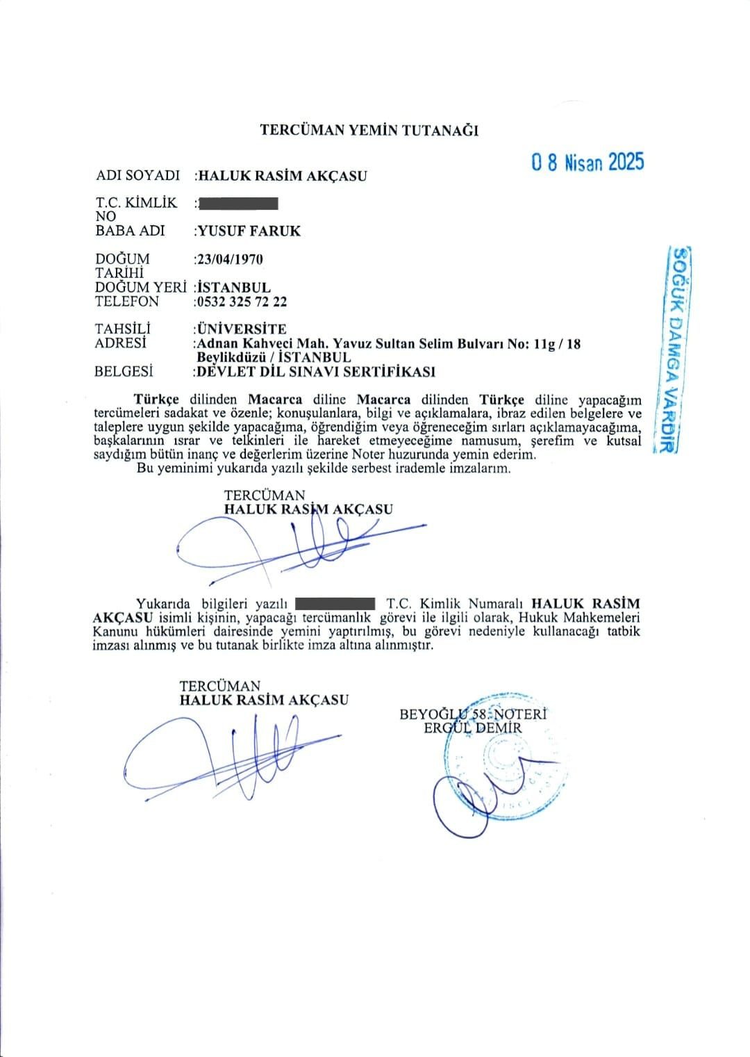 Tercüman yemin tutanağı / Fordítói és tolmácsi eskü jegyzőkönyve